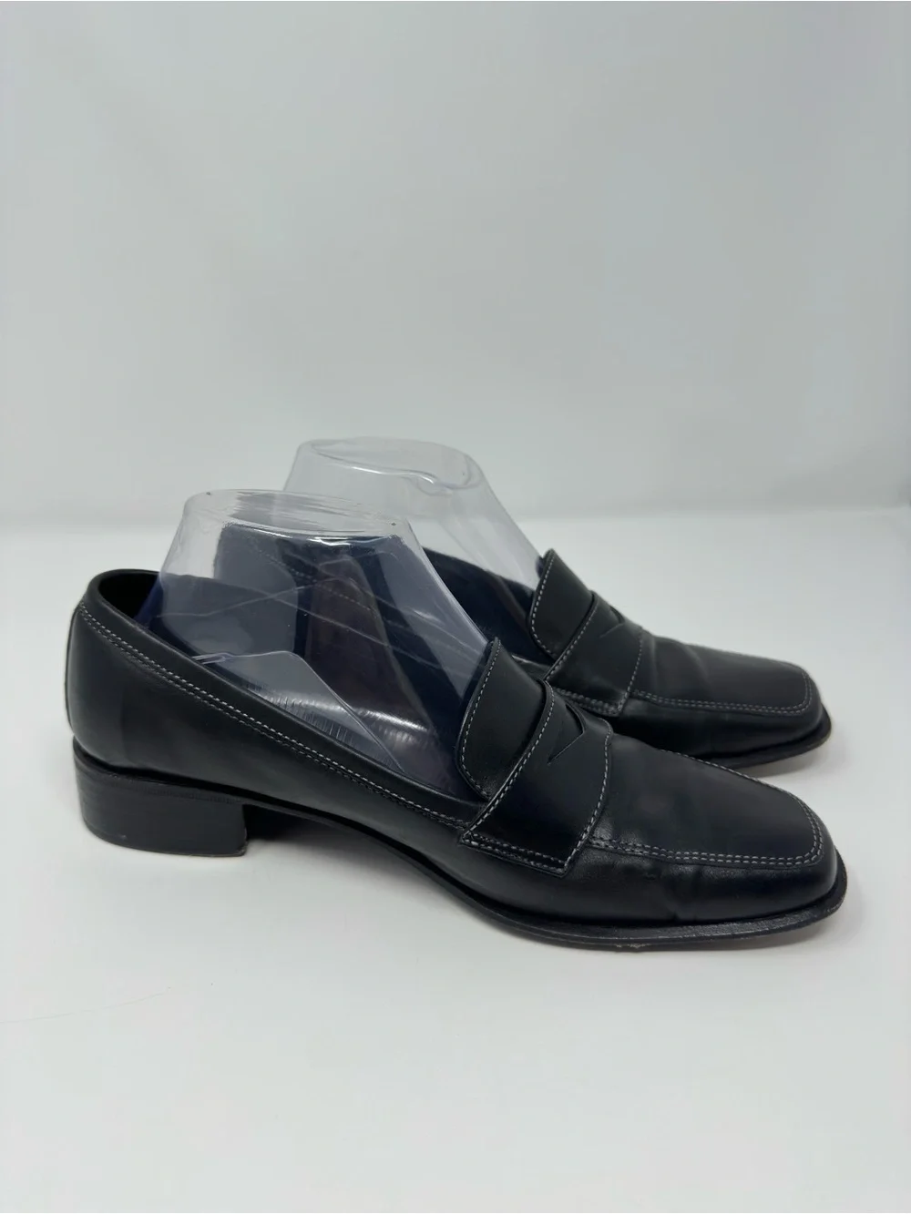 Vintage Peruzzi Black Leather Chunky Heel Penny Loafers Made in Italy Size 8.5